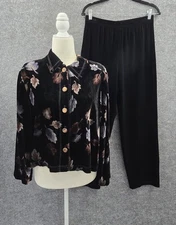 Vintage Cynthia Max Velvet Pant Set Womens Medium Pull On Long Sleeve Black Leaf