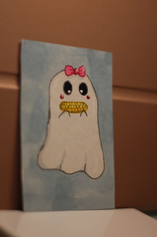 ACEO Original Art Card 2.5 x 3.5 Whimsical Cute Ghost Summerween With Corn
