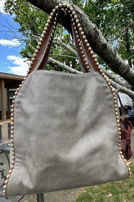Big Buddha Grayson GRAY Faux Leather Vegan Gold Studded Large Tote Shoulder Bag