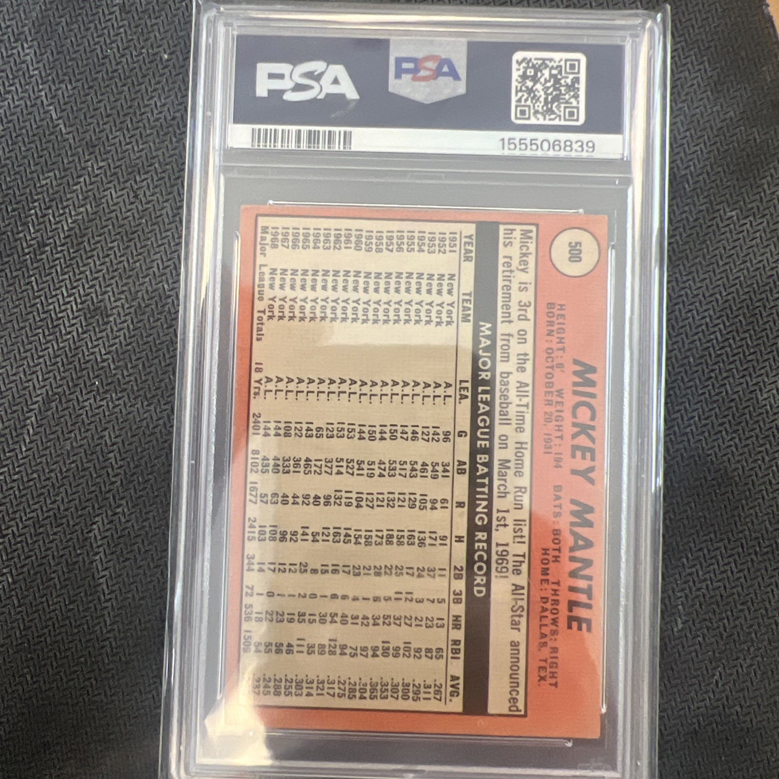 1969 MICKEY MANTLE TOPPS PSA 1.5 LAST NAME YELLOW NEW YORK YANKEES HOF #500 view 5