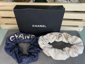 Chanel Beaute GWP Ivory w/Gold Glitter and Blue w/Gold Hair Scrunchies Spellout Chanel Scrunchie | eBay main image 3