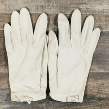 VTG 1950s 60s White Nylon Dress Gloves Wrist Length Bow Accent Retro Tea Party