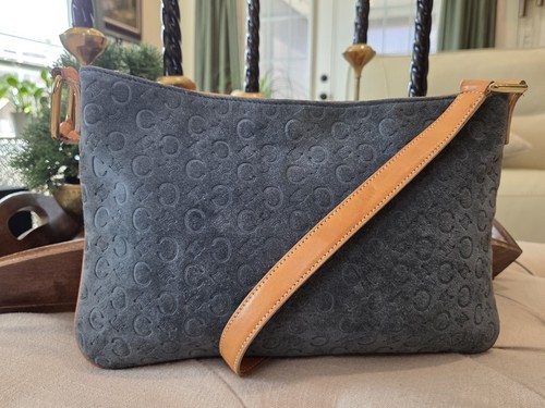 Celine C Macadam Suede Leather Shoulder Bag Pochette Pouch Blue Grey Vintage 