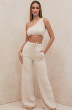 HOUSE of CB Charlie Cream Chenille One Shoulder Crop Top Women's XS Cozy Summer