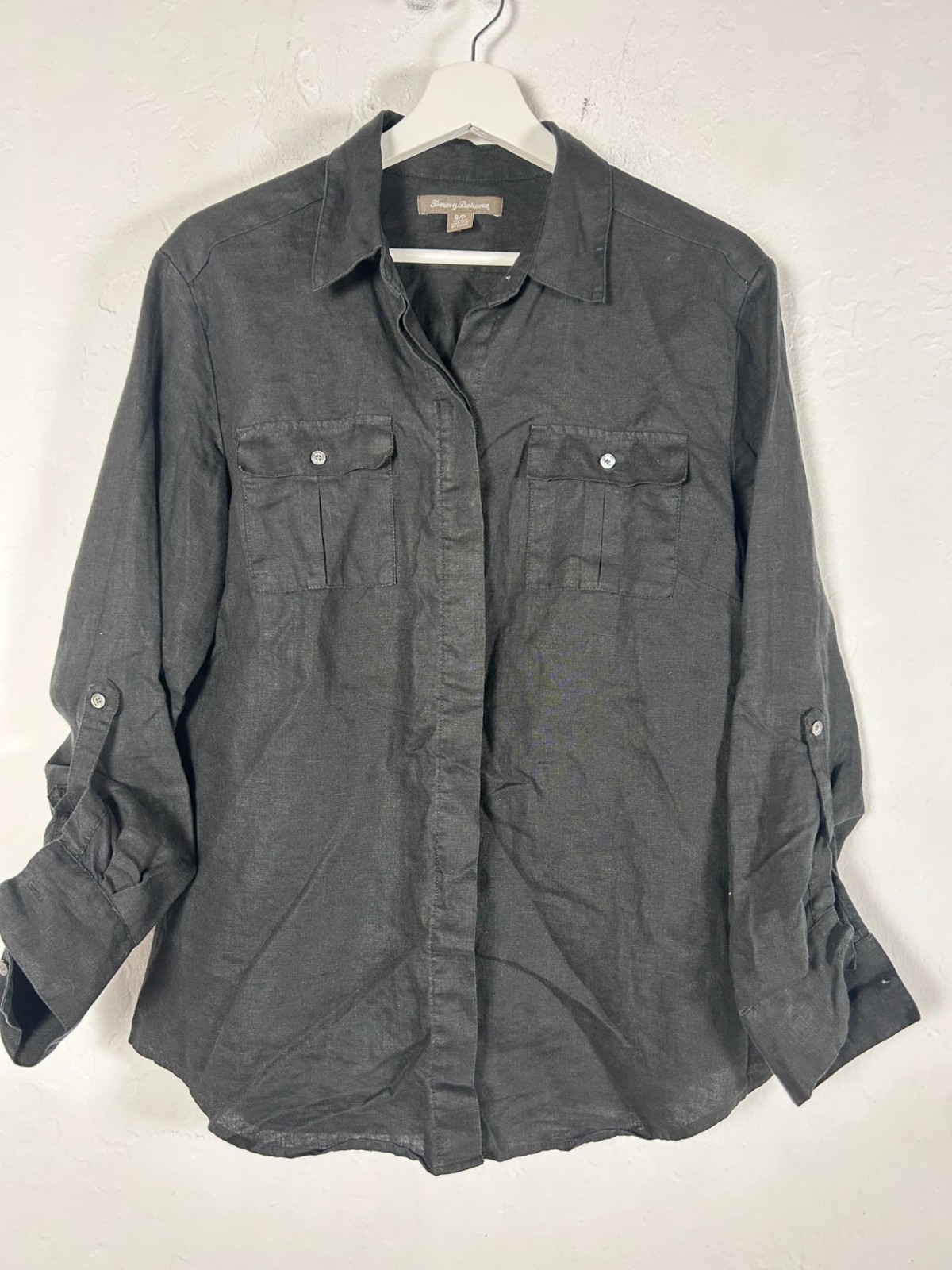 Tommy Bahama Womens 100% Linen Button-Up Shirt Black  Small Long Sleeve