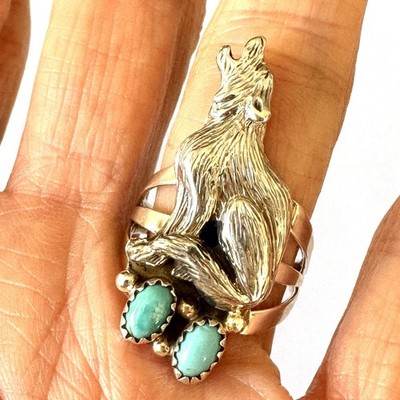 Navajo Wolf Turquoise Ring Sz 9 William Begay Sterling Howling Moon Native Amer