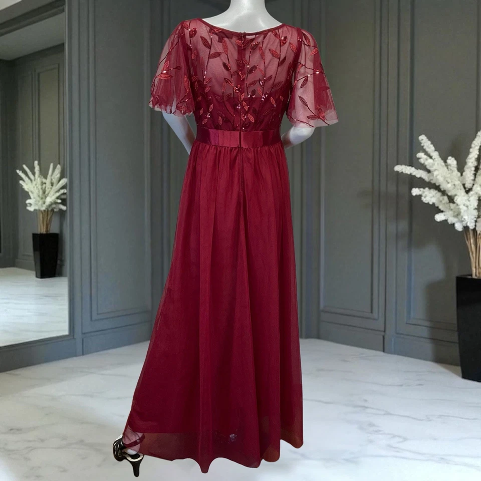 Maxi vestido de noche formal rojo Ever Pretty para mujer talla grande malla bordada Foto 4 de 4