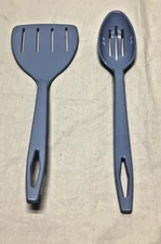 Vintage Tailor Made Kitchen Utensil Set Blue Plastic Spatula and slotted Spoon