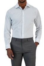 New Mens Bar III Slim Fit Light Blue Grid-Print Stretch Dress Shirt S 14 - 14.5