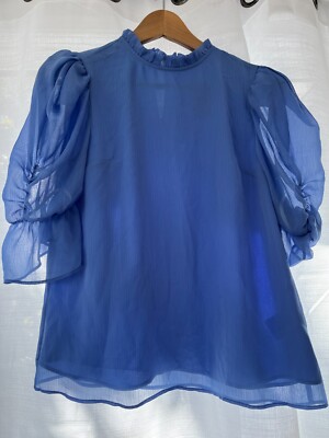 Express Women Blue Ruched Sheer Puff Sleeve Blouse Size XS New with Tags