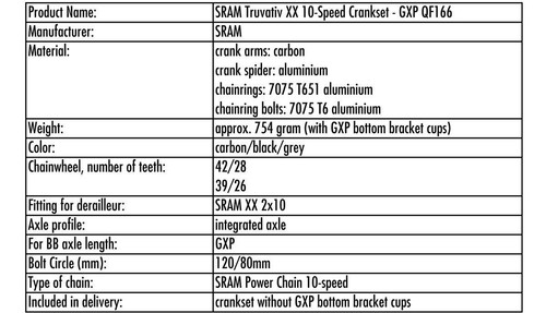 SRAM CRANKSET TRUVATIVE XX QF166 GXP 10 SPEED 39x26T - BLACK 175mm - Picture 2 of 7