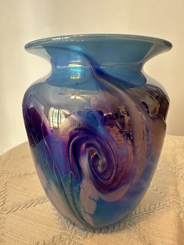 VTG Connie Christopher  Iridescent Blue Purple Pink Swirl Glass Vase Signed