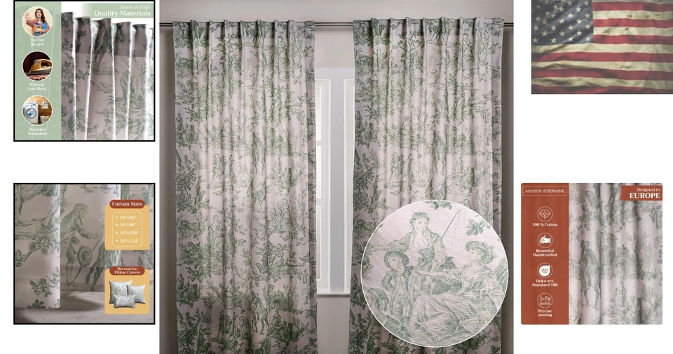 Paneles de ventana de inodoro verdes antiguos - 100 % algodón, 50" de ancho x 124" de largo para un estilo atemporal Foto 2 de 4