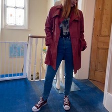 Red Leather Thigh Length Jacket - Size Medium (approx. 10 - 12)