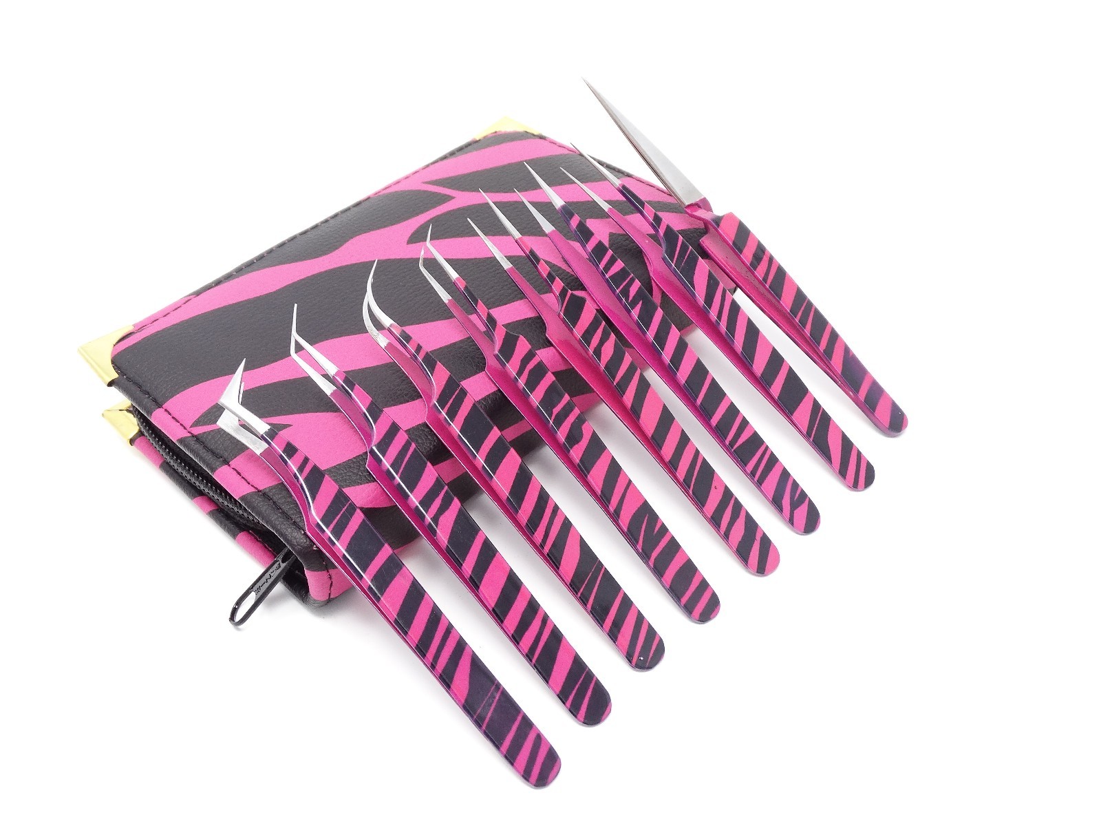 Eyelash Extension Tweezers Fine Point  8 Piece Stainless Steel PINK BLACK ZEBRA 