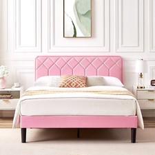 Bed Frame Twin/Full/Queen with Headboard Wooden Slat Upholstered Platform Bed