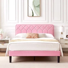 Bed Frame Twin/Full/Queen with Headboard Wooden Slat Upholstered Platform Bed