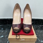 CHRISTIAN LOUBOUTIN VERY PRIVE BURGUNDY PYTHON BLACK PATENT PEEP TOE PUMPS SZ 39 — photo 1