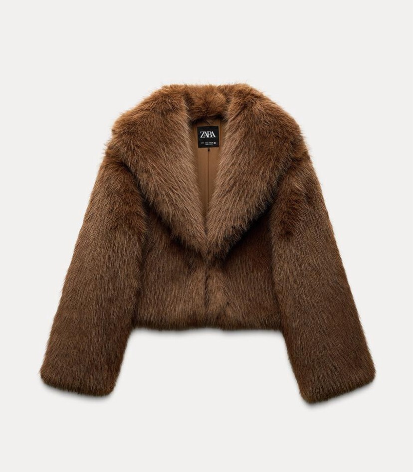 ZARA SHORT FAUX FUR COAT BROIWN LAPPEL COLLAR FW24/25 SIZES
