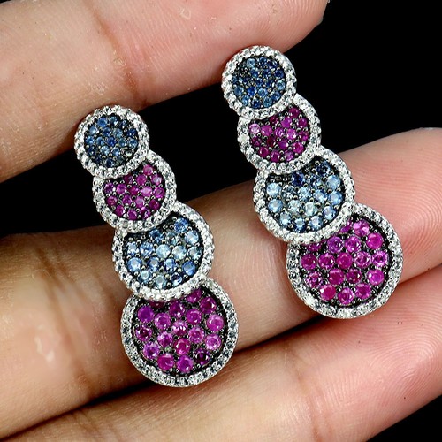 925 Sterling Silver Earrings Ruby Myanmar Round Diamond Cut Topaz Gemstone - Picture 2 of 14