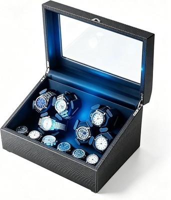 J&T Watch Winder Automatic 6 Slot LED Light PU Snake Skin