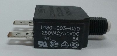 1480-003-050 Push to reset circuit breaker, 5 amp, white button, spade terminal
