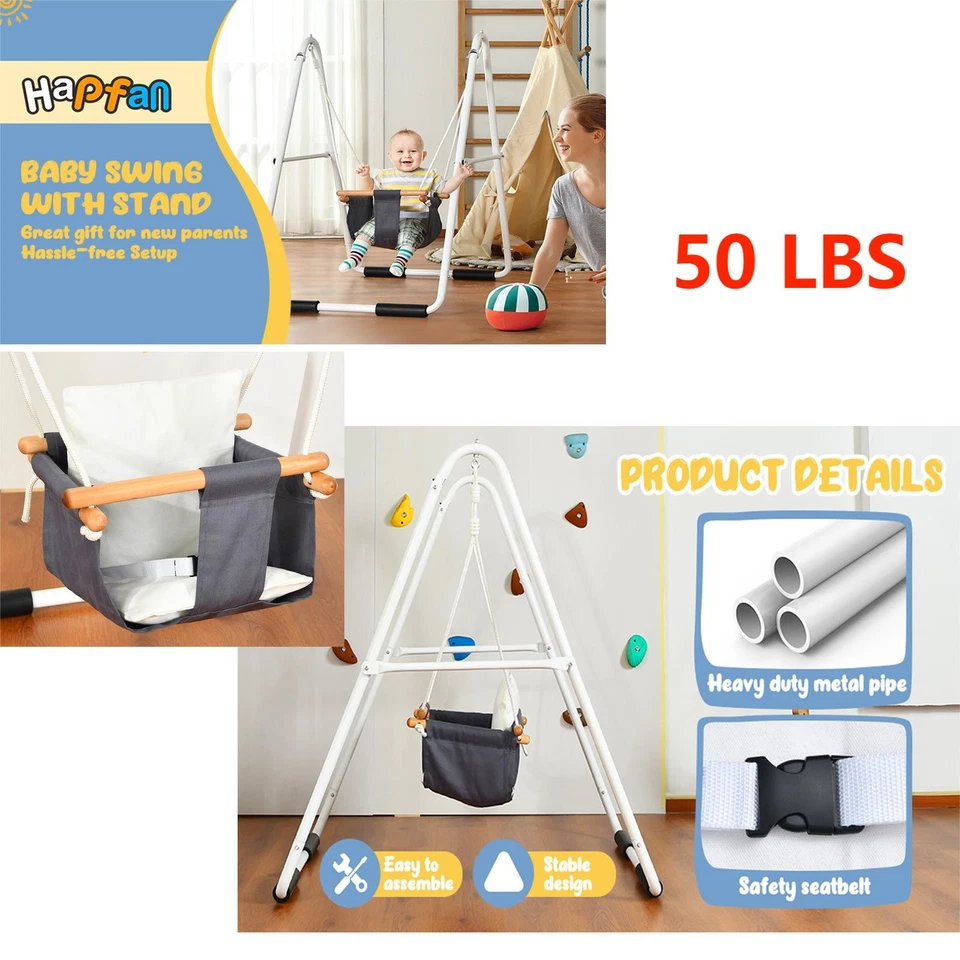 Columpio para niños pequeños con soporte juego de columpio interior/exterior de alta resistencia con arnés de seguridad Foto 2 de 4