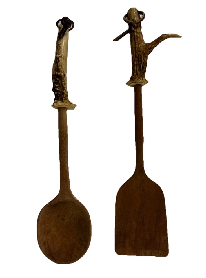 14” Set Antler Handle Wooden Serving Spoon & Spatula - Image 2 of 4