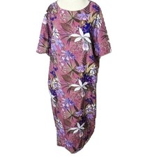 VTG 70s Hawaiian Purple Dress Handmade Coastal Grandma Tropical Floral Mumu Tiki