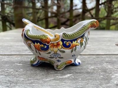 Vintage Französische Fayence Gewürzschale & Löffel Set Quimper Stil Handbemalt