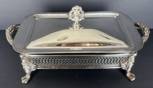 Vintage Silver Plate Buffet 1 Qt Casserole Anchor Hocking Dish w/Lid and Stand