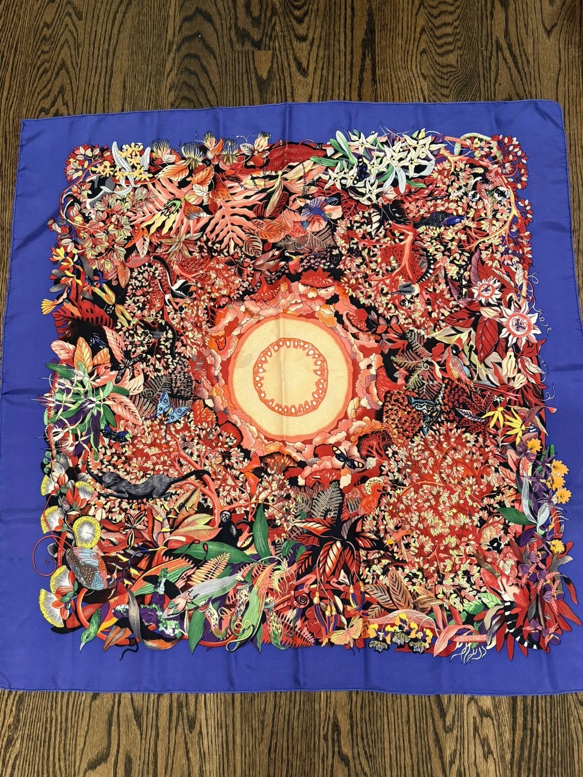 HERMES “Au Coeur de la Vie” Silk Scarf Indigo Pink Color way 35”x35” *READ*