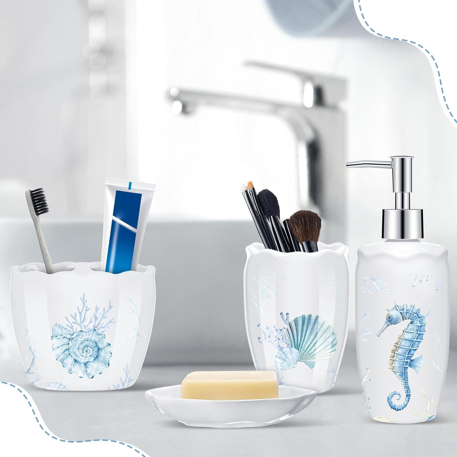 4 Pcs Beach Bathroom Accessories, Ocean Animals Bathroom Decor, under the Sea Tu