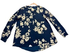 Simply Vera Vera Wang Women’s Floral Blouse Navy Ivory Size L Roll Tab