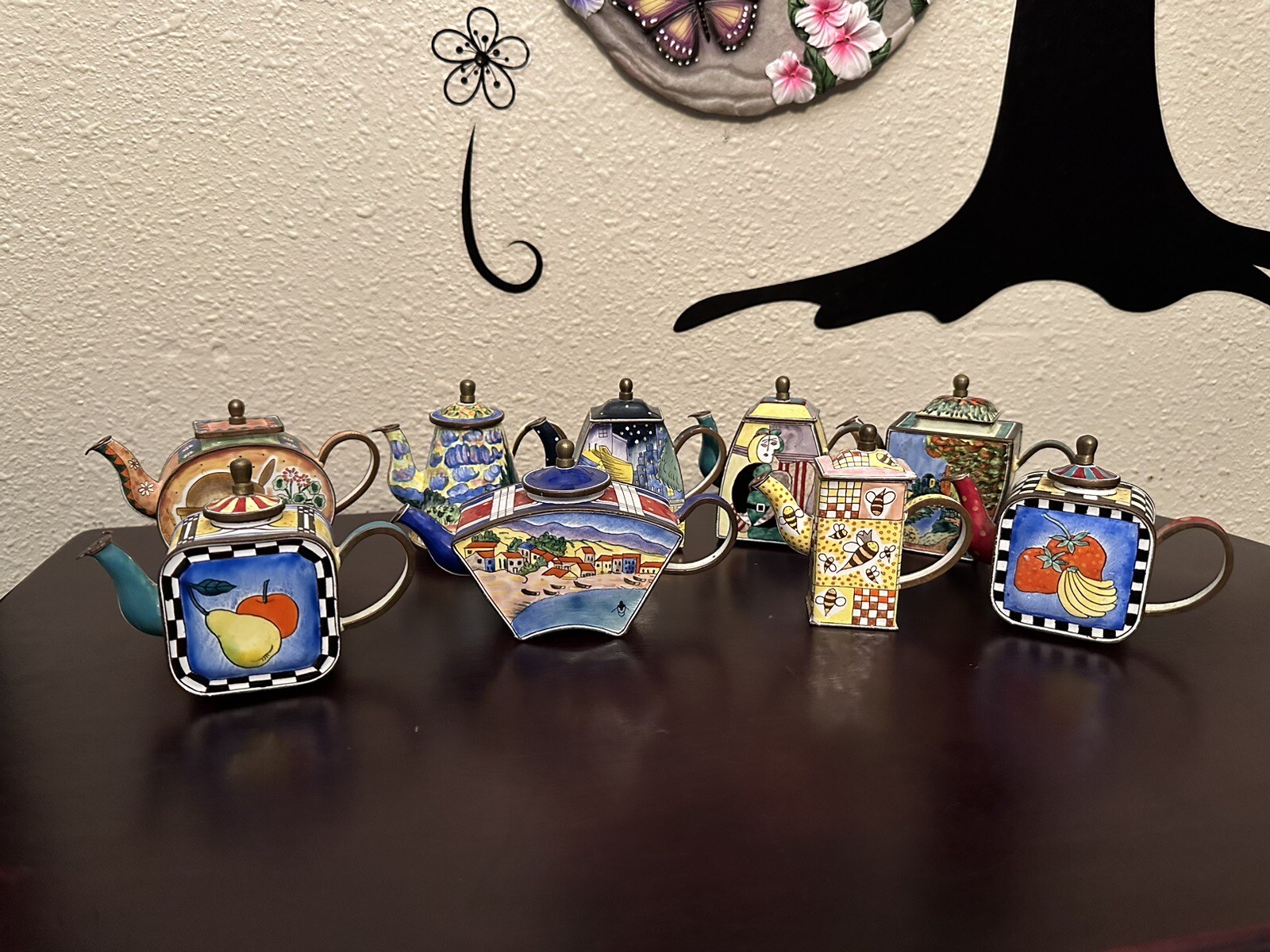 Hand Painted Enamel Mini Trade + Aid Miniature Teapots Collection 9’pcs