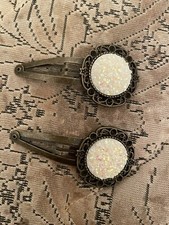 2 White Glitter Druzy Cabochon Vintage Bronze Filigree Snap-in Hair Clips