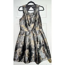 Eliza J Fit & Flare Dress Jacquard Metallic Gold/Silver/Black - size 10