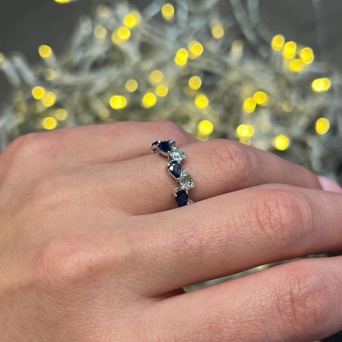 Pear Shaped Blue Sapphire & Diamonds Eternity Band Ring 14K White Gold Size 6 - Picture 3 of 3