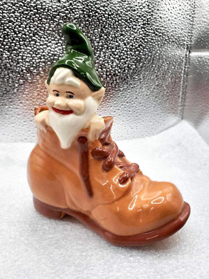 1950s Vintage Elf or Gnome on Boot Planter or Candy Dish - Pixie in Green Hat
