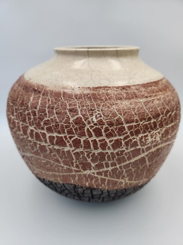 Artist Signed Large Dark Pink/Black Textured Raku Fired Round Vase 7