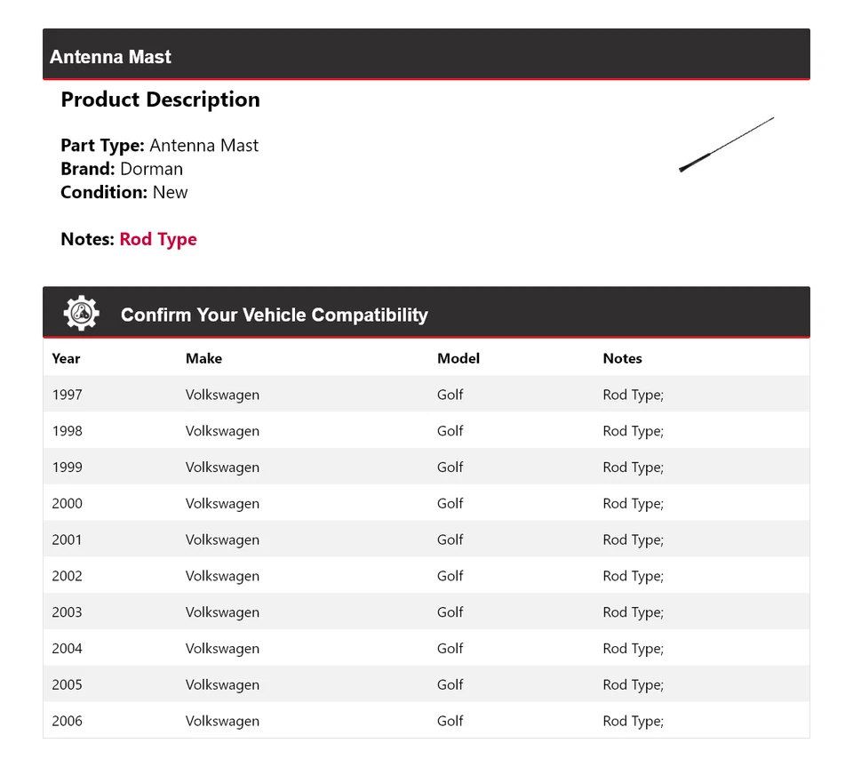 Mástil de antena para Volkswagen Golf Dorman 1997-2006 1998 1999 2000 2001 2002 2003 Foto 2 de 4