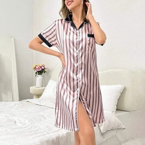 Damen Seide Satin Nachthemd Kurzarm Button-Down Pyjama Nachtwäsche Homewear - Bild 22 von 47