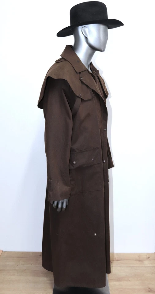 Manteau Cache Poussière Marron Riding Coat Toile Cirée MORRISONS AUSTRALIA Sz L - Photo 3/4