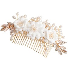 Fancy White Flower Bride Wedding Hair Comb, Handmade Pearl Rhinestone Hair Ac...