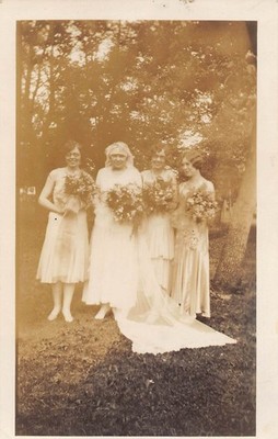 Antique Young Woman Bride 1930s Photo Flowing Dress Outside Bridal Party Women