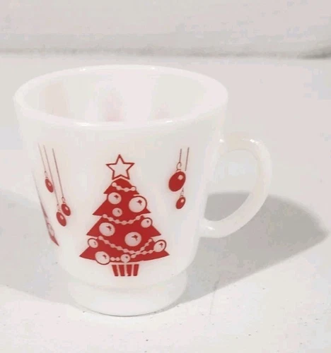 Vintage Hazel Atlas Milk Glass Holiday Mug Egg Nog Cup Red Christmas Trees