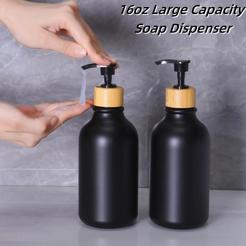 Juego de accesorios de baño negro mate 7 piezas juegos de bambú dispensador de jabón Foto 3 de 4