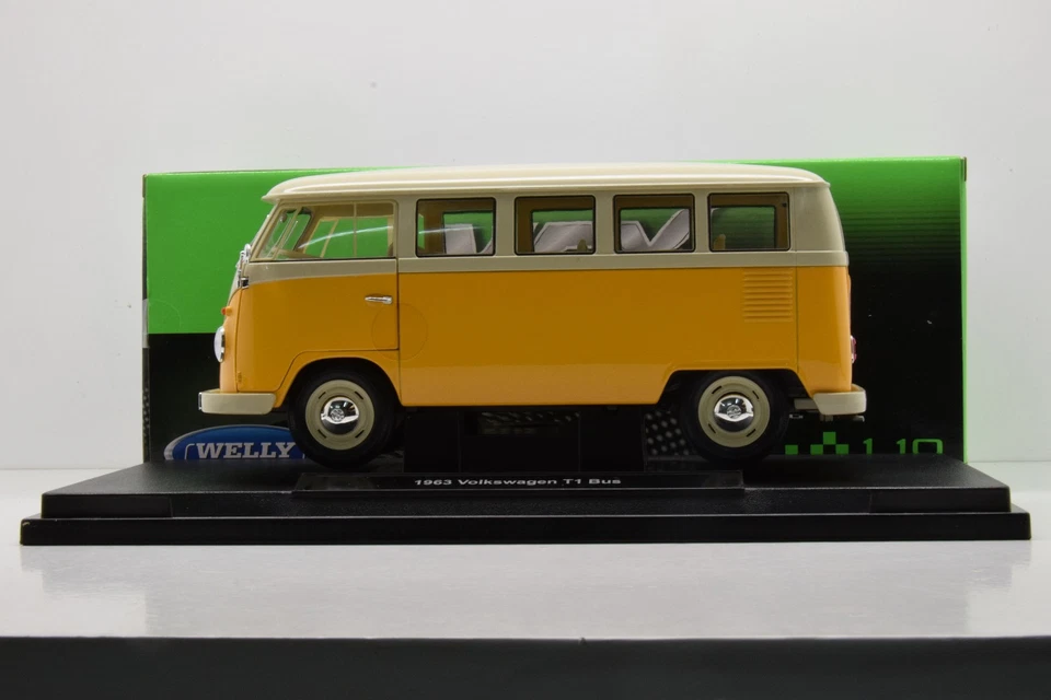 VOLKSWAGEN COMBI T1 1963 BUS ORANGE - CREME WELLY 1/18 NEUVE EN BOITE - Photo 2/4