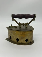 Antique Brass Charcoal Coal Box Iron – Rustic Sad Iron w/ Wooden Handle