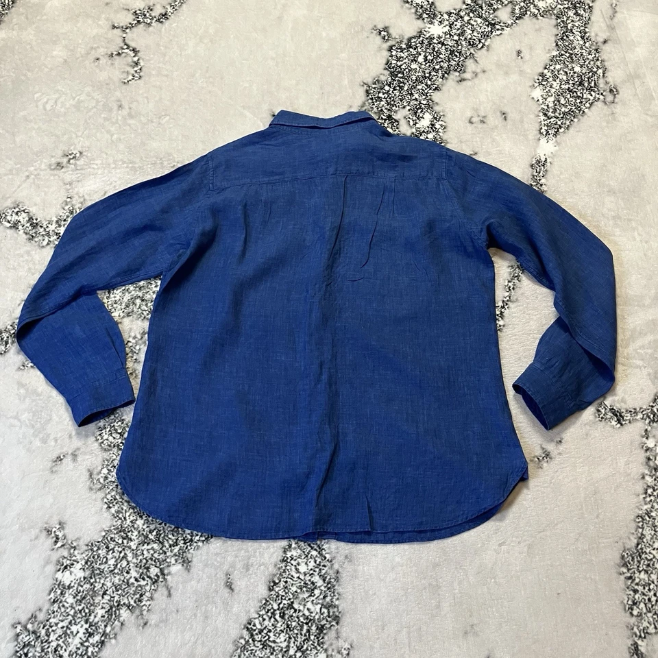 Camisa Uniqlo para mujer talla grande azul lino cuello abotonado resort playera Foto 3 de 4